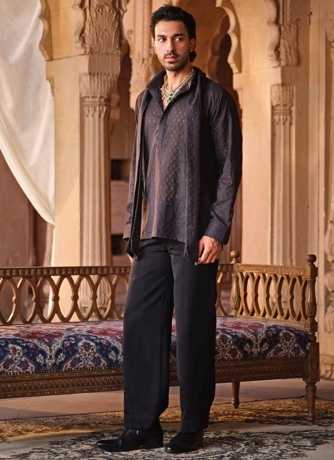 Black Chanderi Jacquard Short Kurta Set