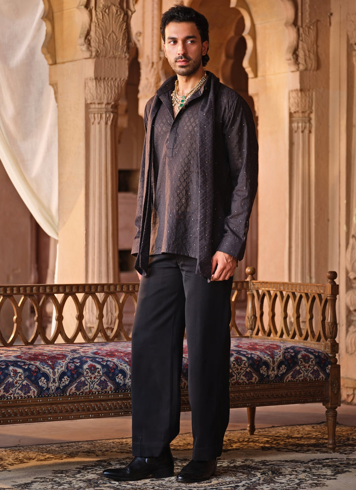 Black Chanderi Jacquard Short Kurta Set