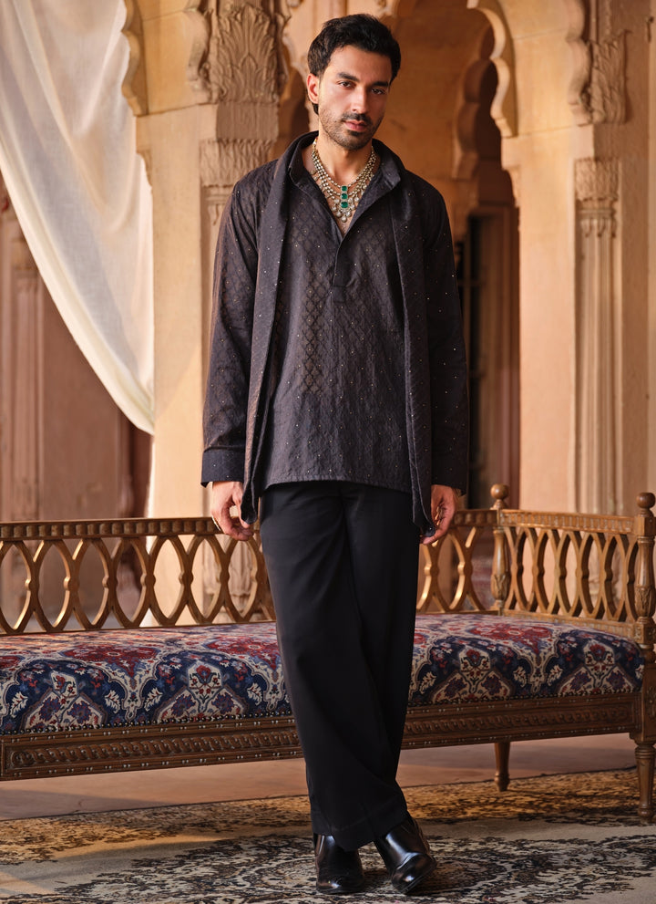 Black Chanderi Jacquard Short Kurta Set