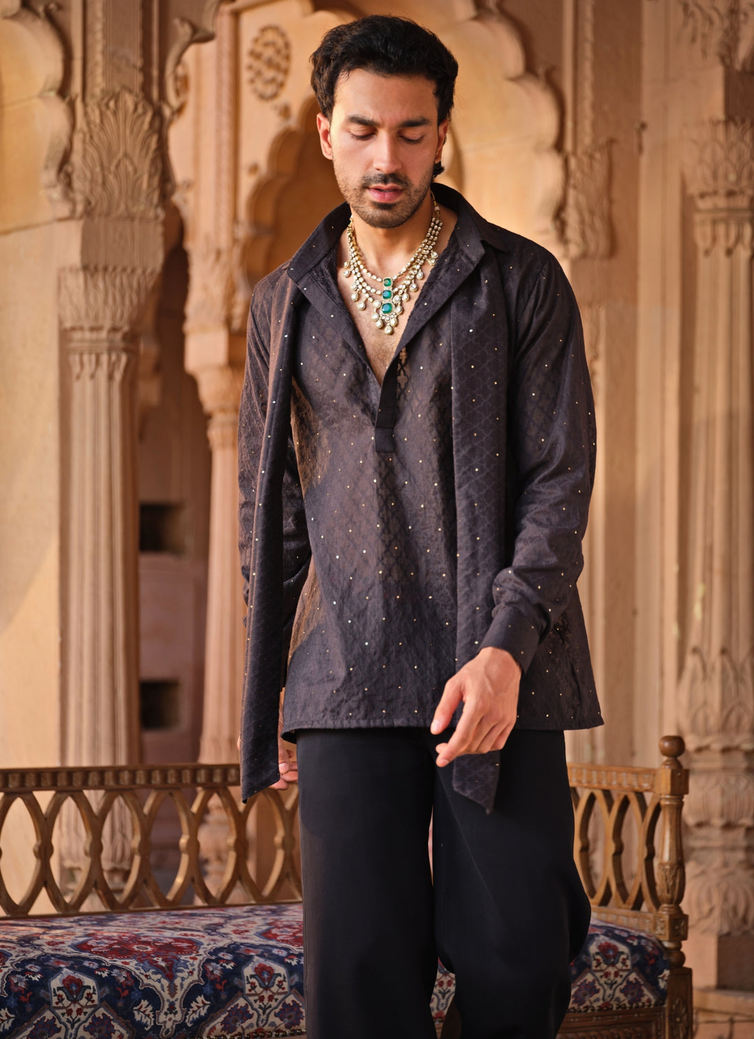 Black Chanderi Jacquard Short Kurta Set