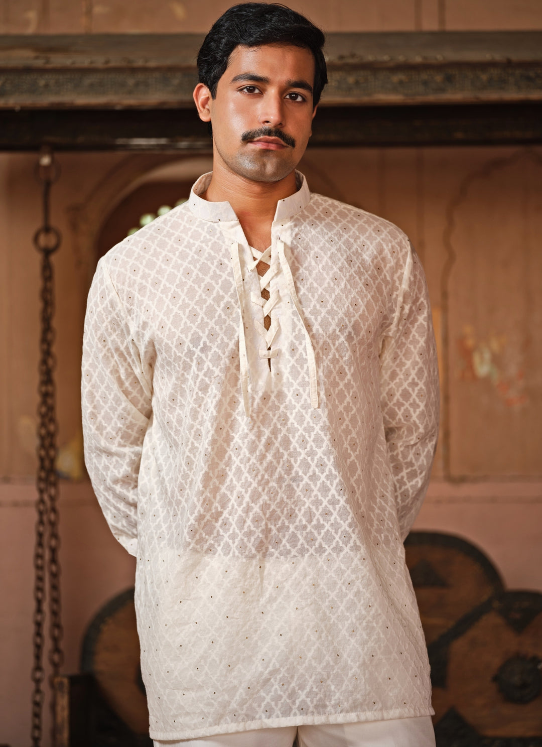 Ivory Chanderi Jacquard Short Kurta Pants Set