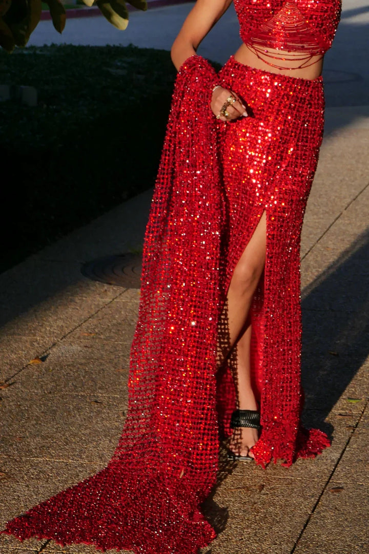 Ruby Red Sequinned Slit Skirt Set