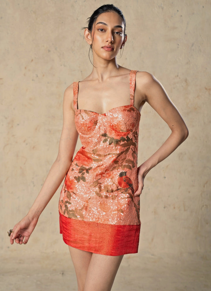 Peach Printed Tissue Mini Dress