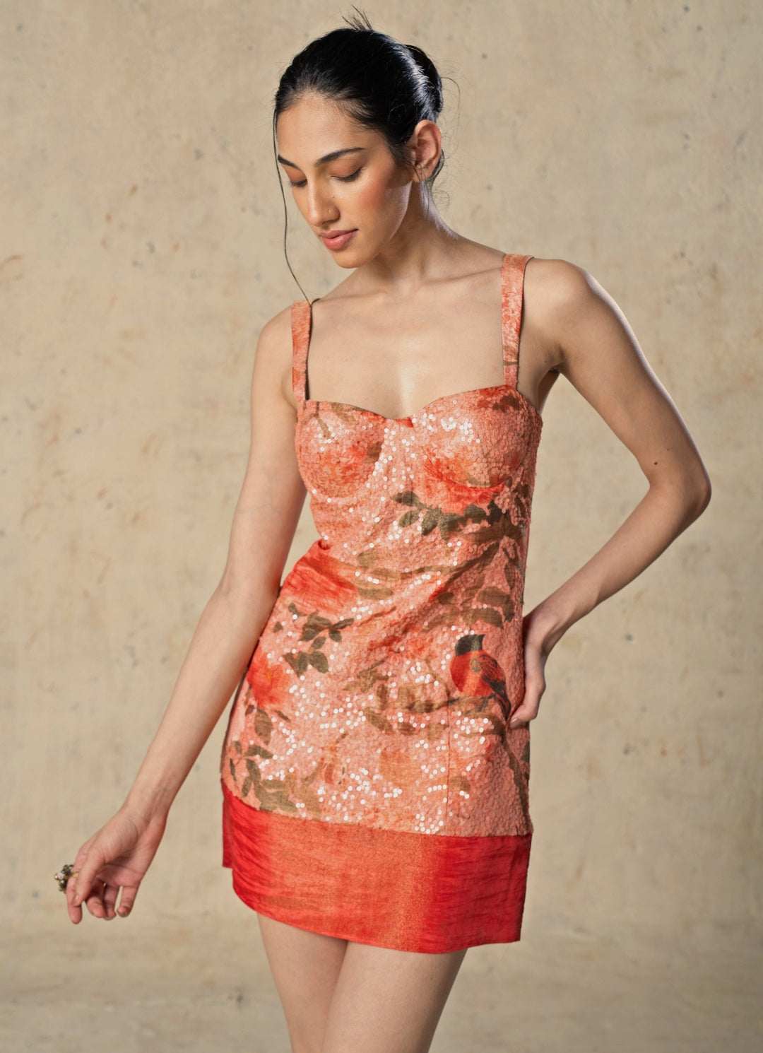 Peach Printed Tissue Mini Dress