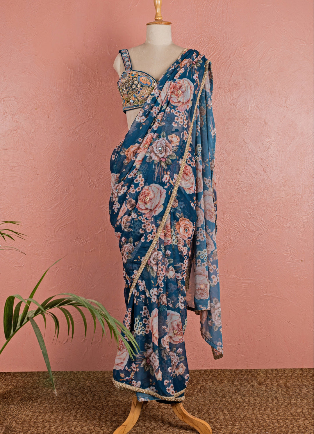 Midnight Blue Floral Georgette Pre-Draped Saree