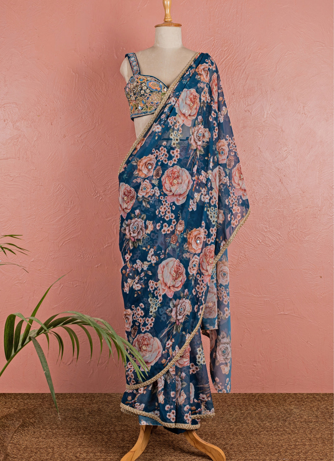 Midnight Blue Floral Georgette Pre-Draped Saree