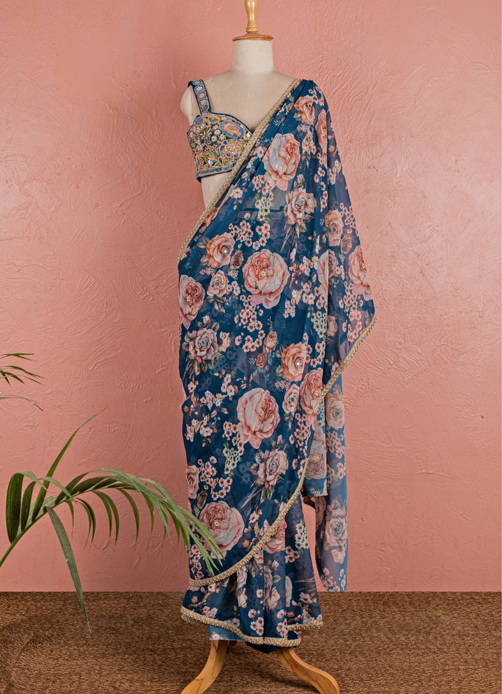 Midnight Blue Floral Georgette Pre-Draped Saree