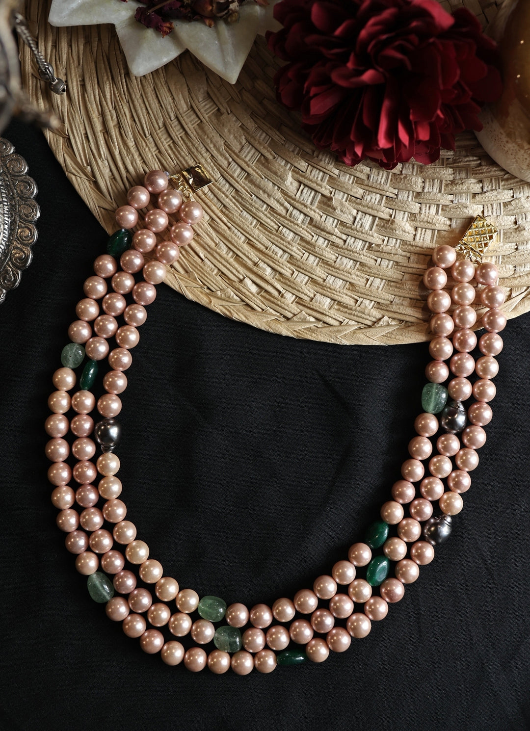 Multilayered Pink And Grey Pearl Necklace