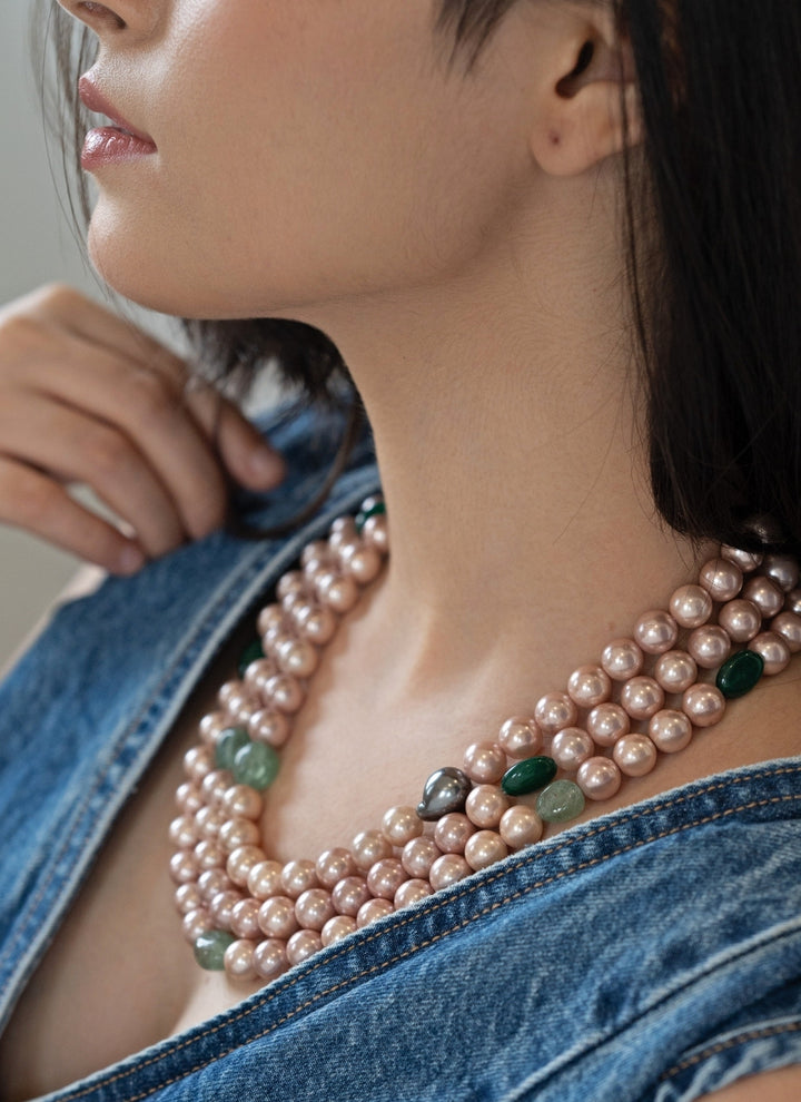 Multilayered Pink And Grey Pearl Necklace