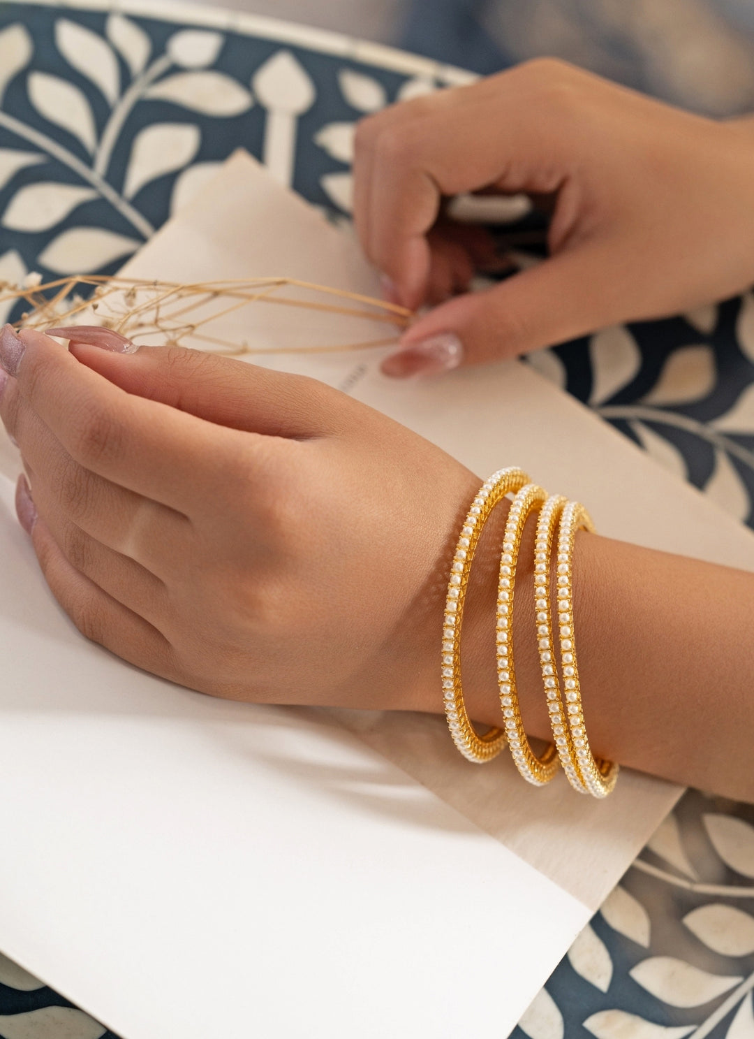 Gold Pearl Bangle Set