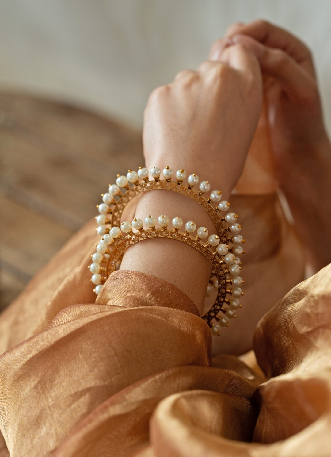 Gold Plated Pearl Bangle Set