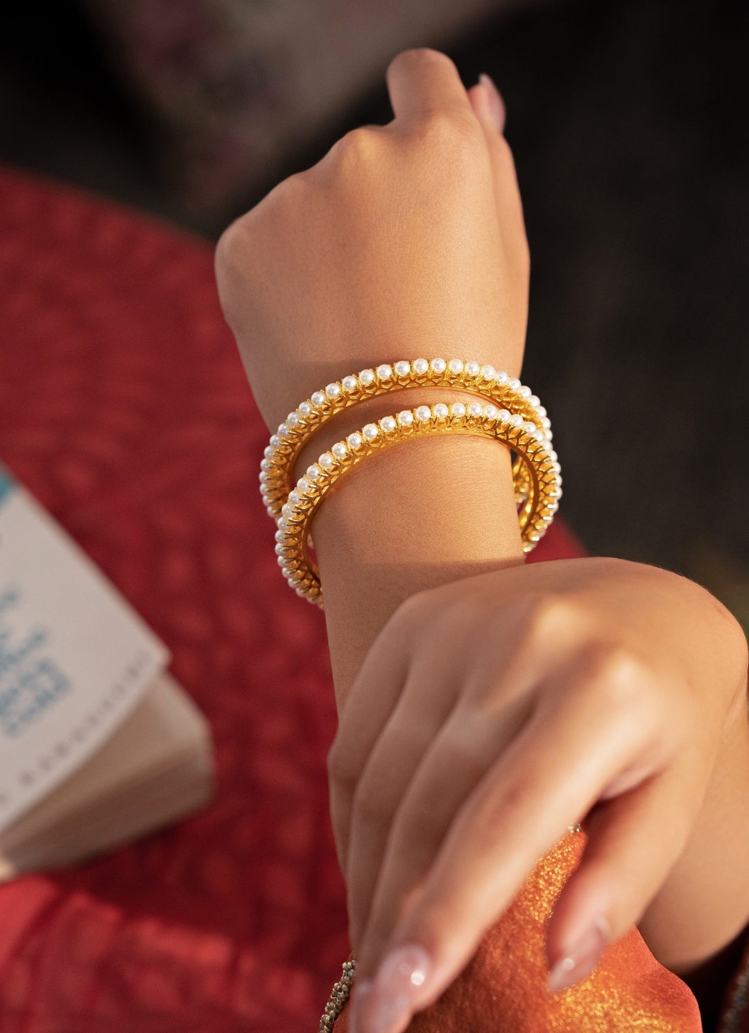 Gold Plated Pearl Bangle Set