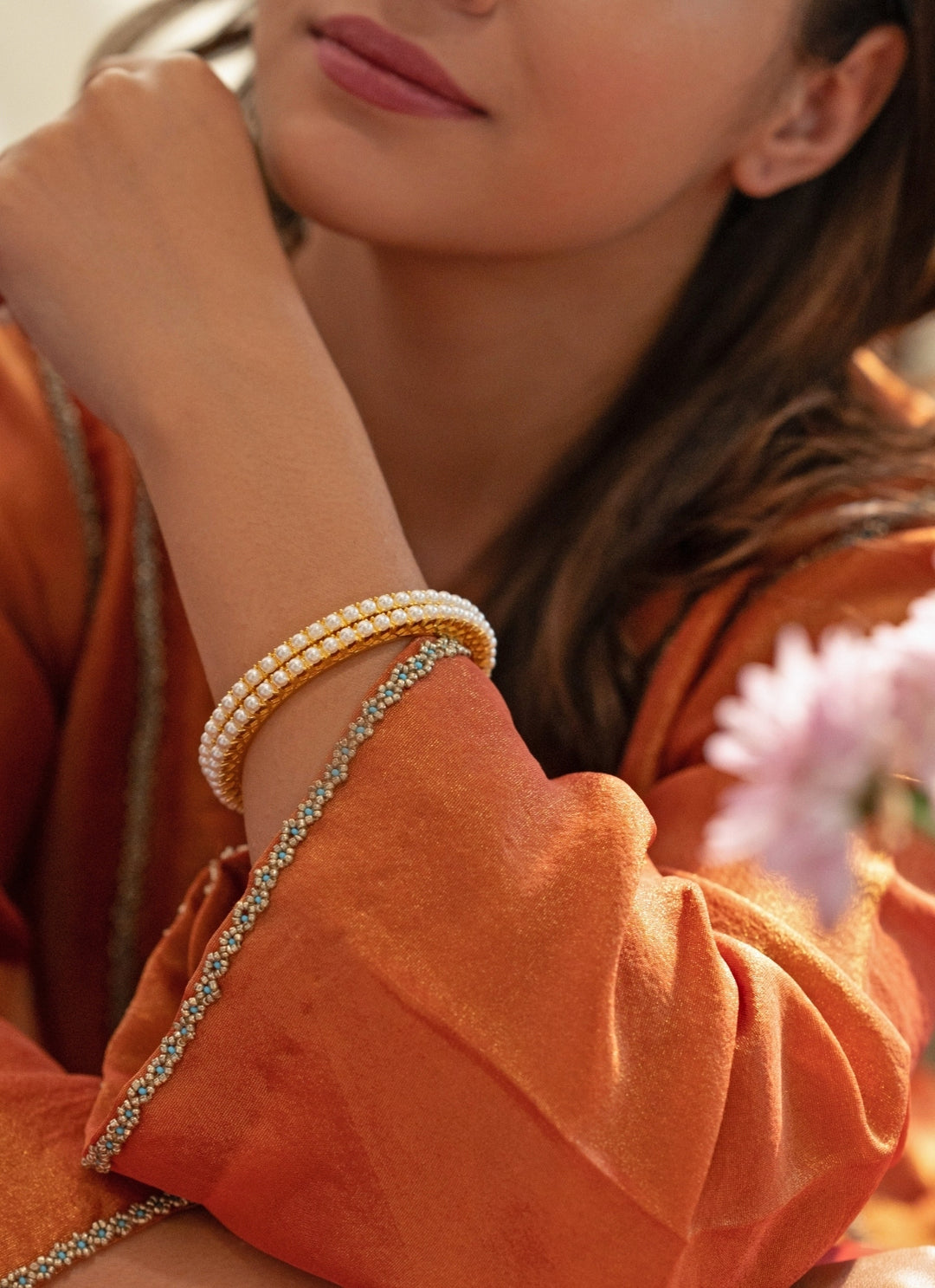 Gold Plated Pearl Bangle Set