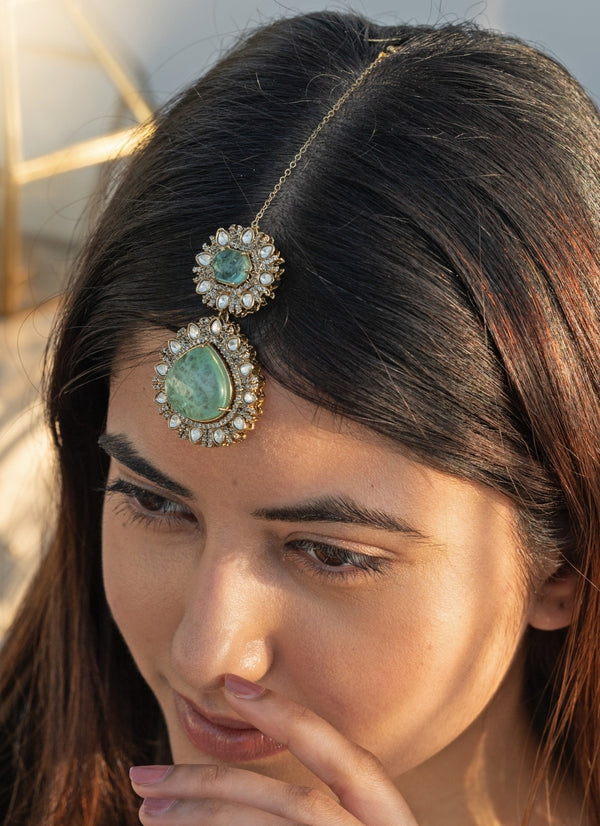 Green Crystals Encrusted Victorian Maangtikka