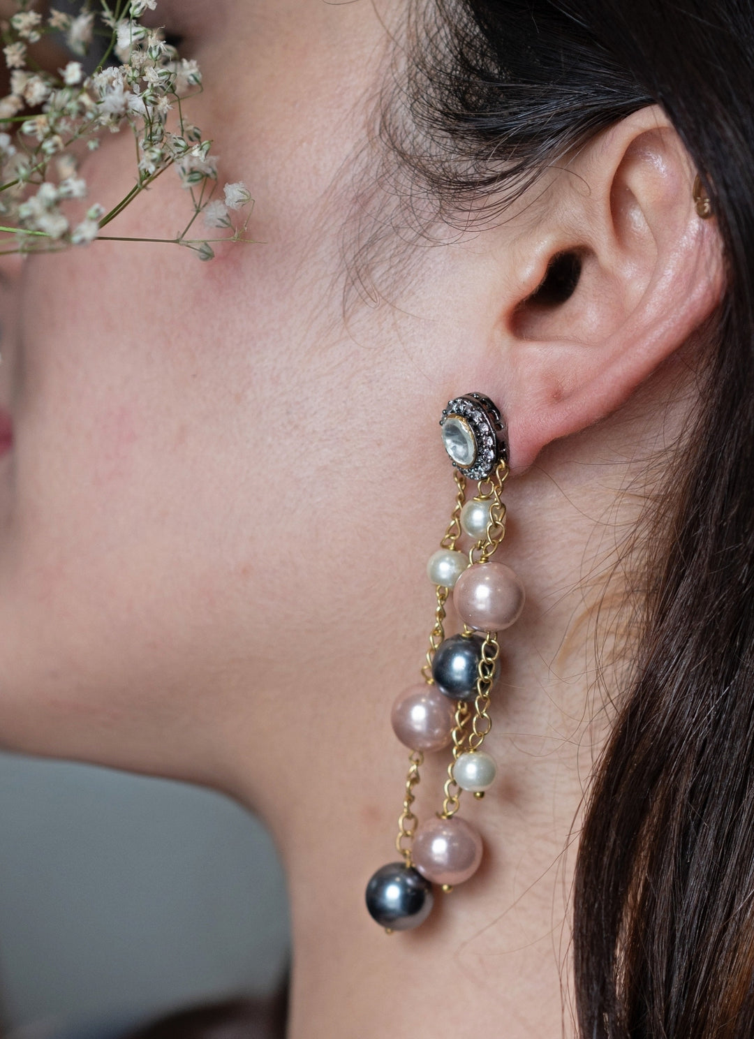 Grey and Pink Silver Polki Dangler Earrings