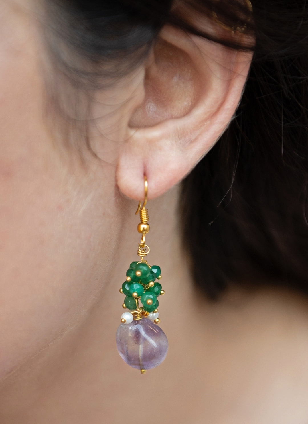 Green Onyx And Purple Earrings