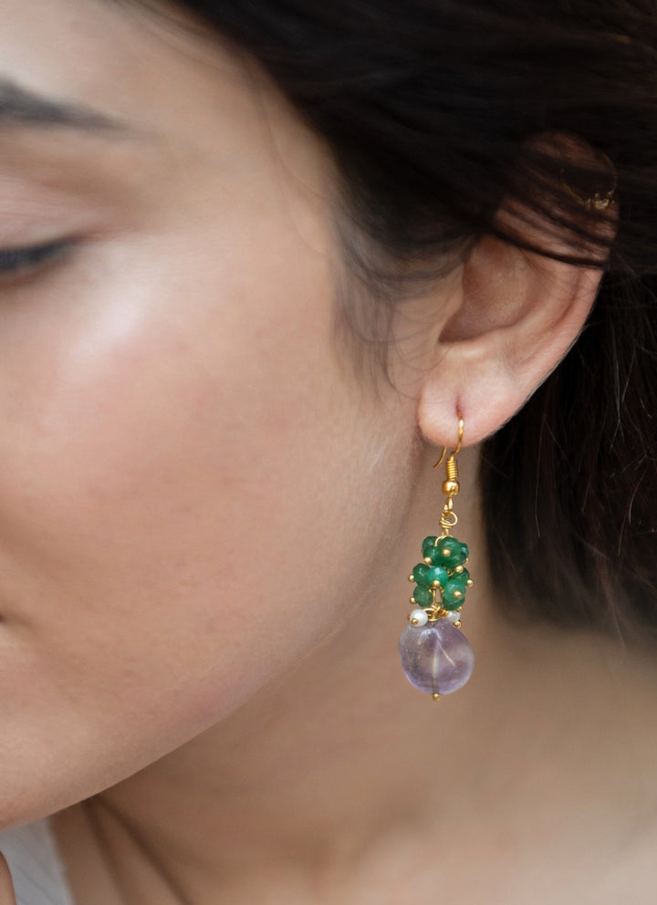 Green Onyx And Purple Earrings