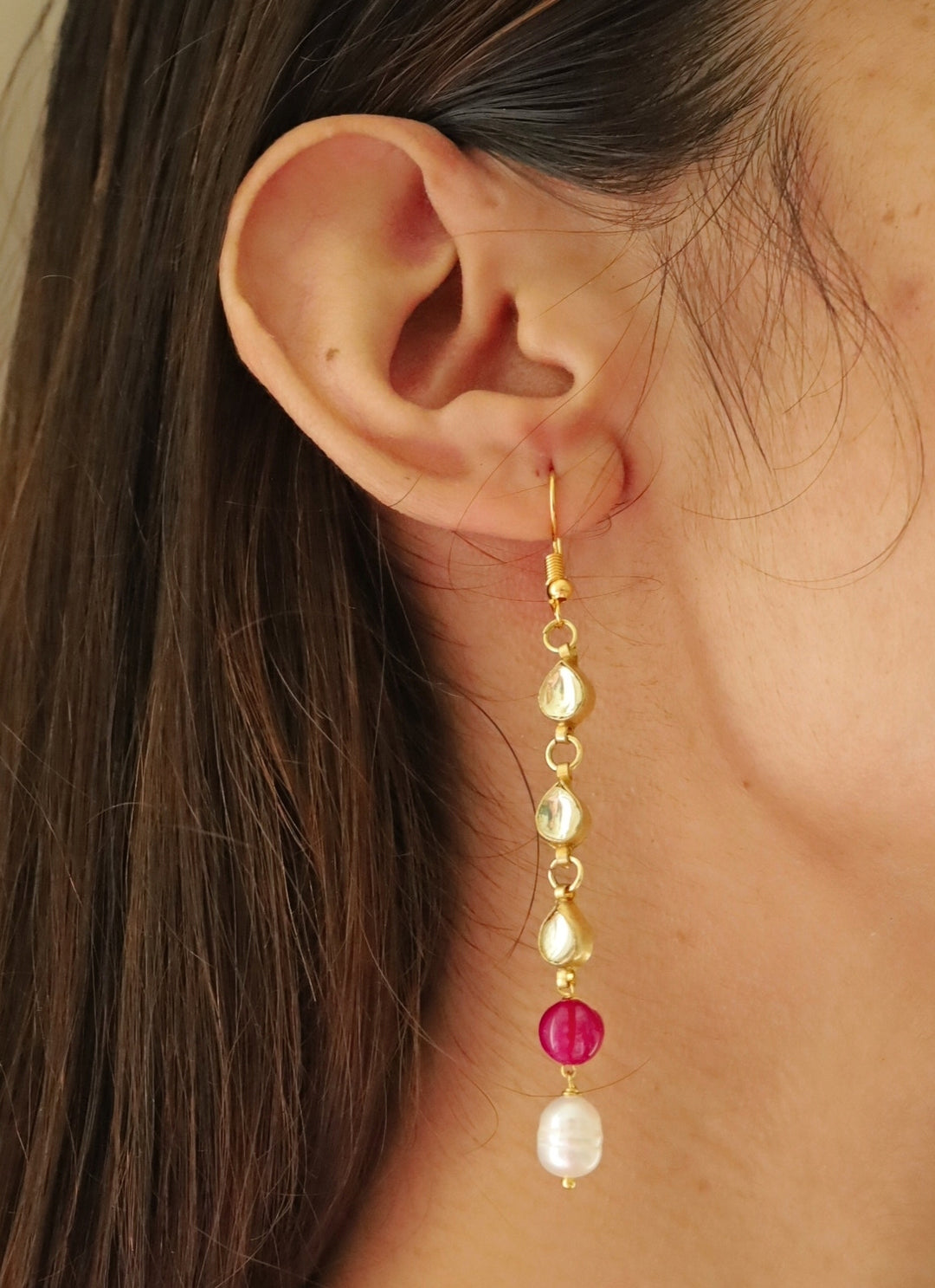 Ruby Red Kundan And Pearl Earrings