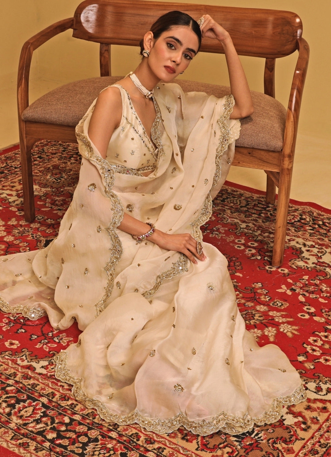 Ivory Organza Saree Set