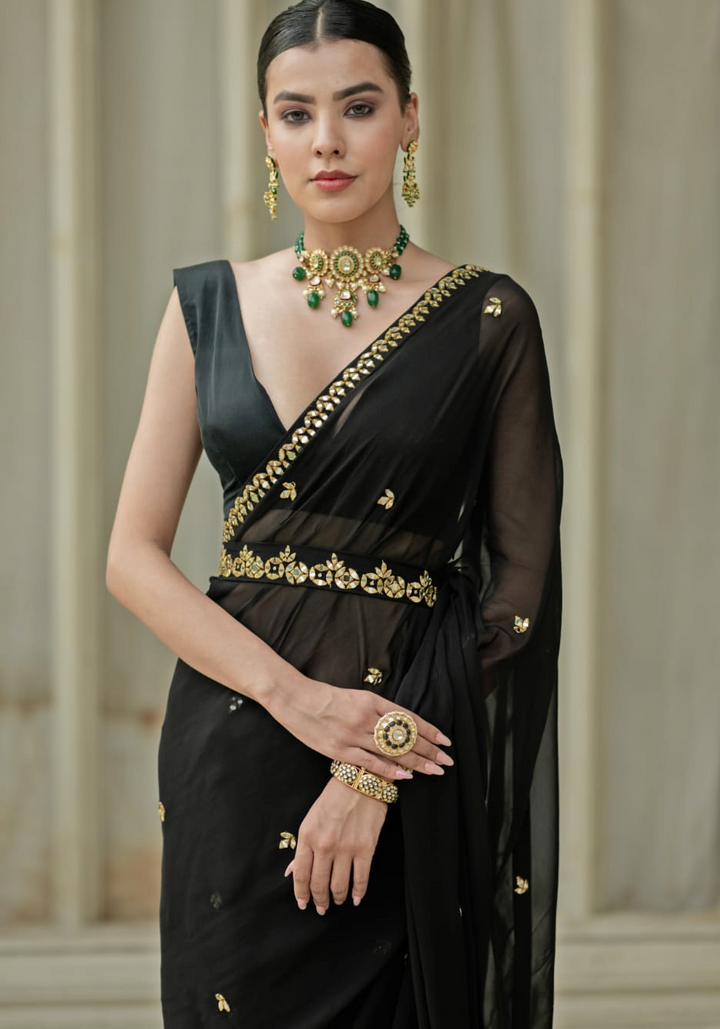 Black and Gold Pre Draped Saree Set Esha Koul - Fabilicious Fashion