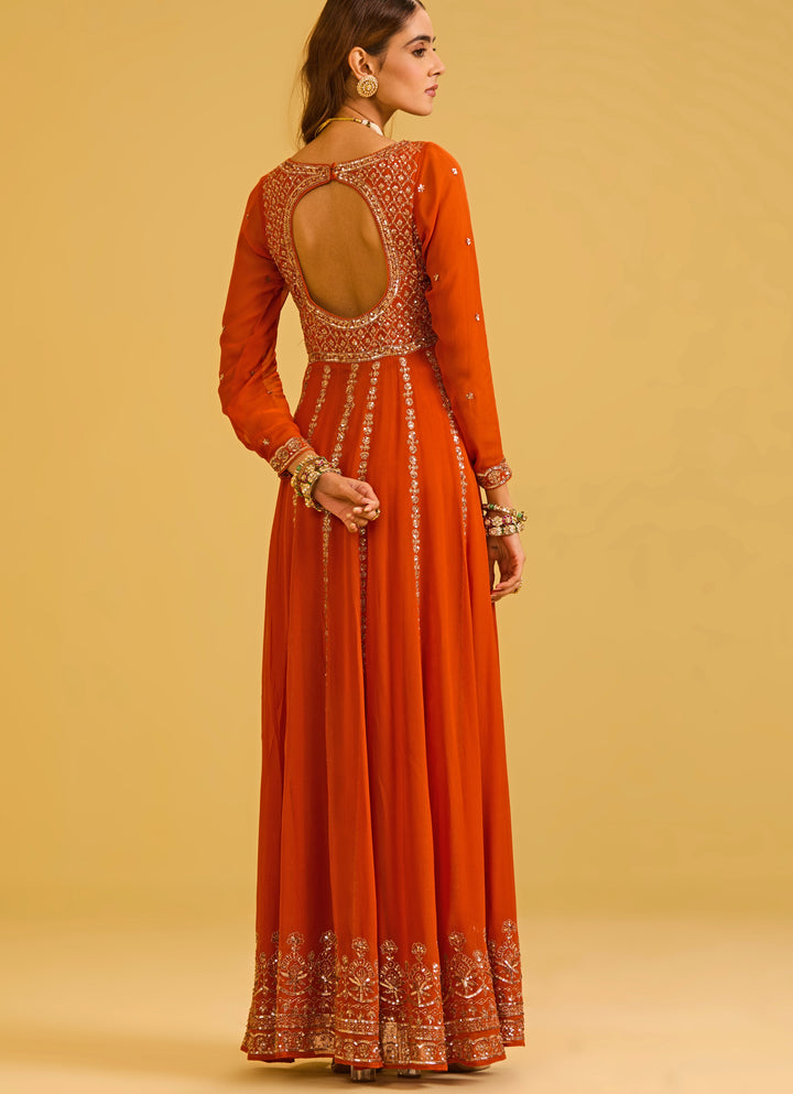 Rust Red Georgette Anarkali Set