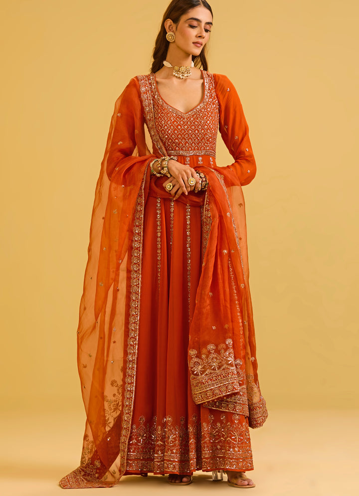 Rust Red Georgette Anarkali Set
