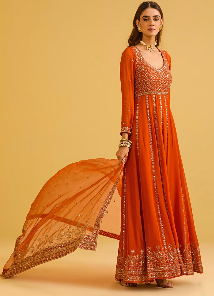 Rust Red Georgette Anarkali Set