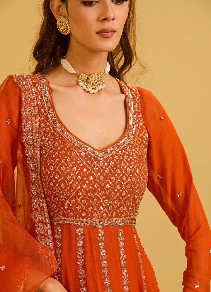 Rust Red Georgette Anarkali Set