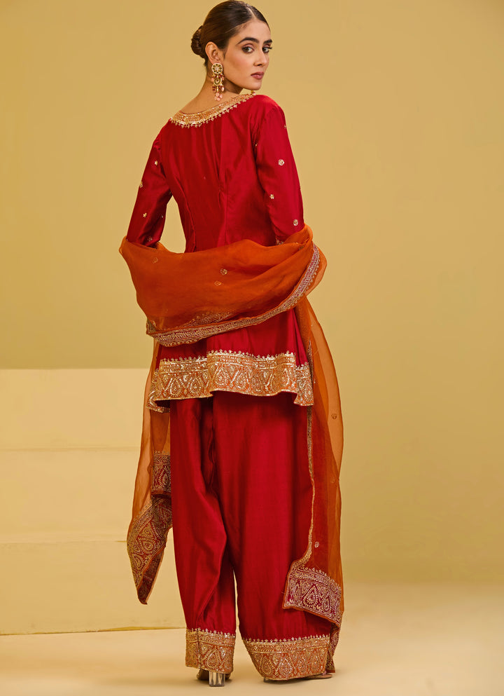 Red Chanderi Kurta Farshi Salwar Set