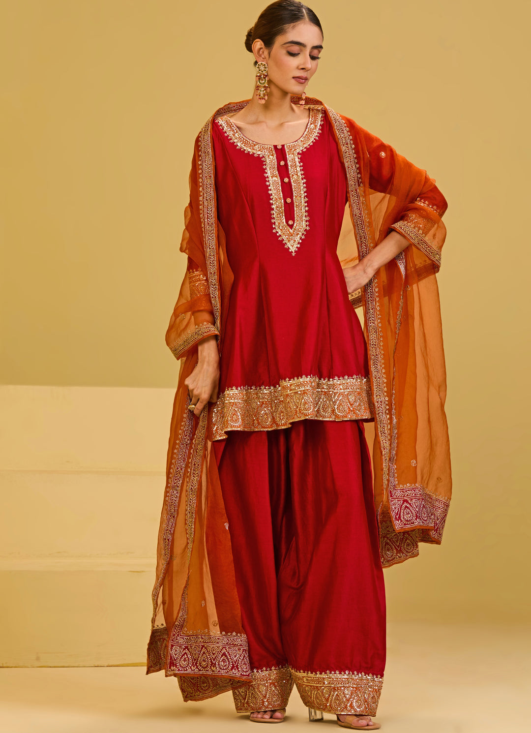Red Chanderi Kurta Farshi Salwar Set