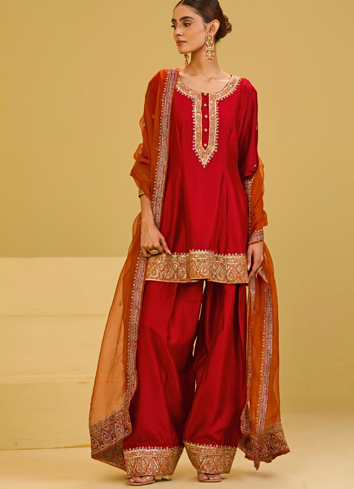 Red Chanderi Kurta Farshi Salwar Set