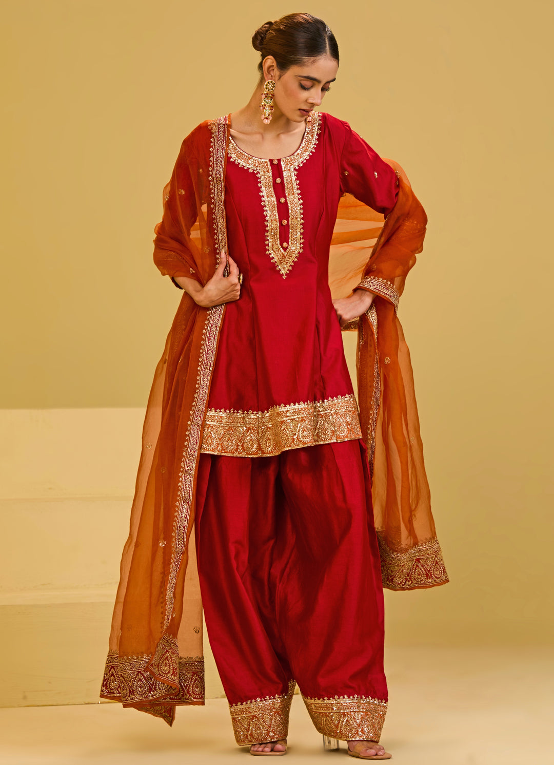 Red Chanderi Kurta Farshi Salwar Set