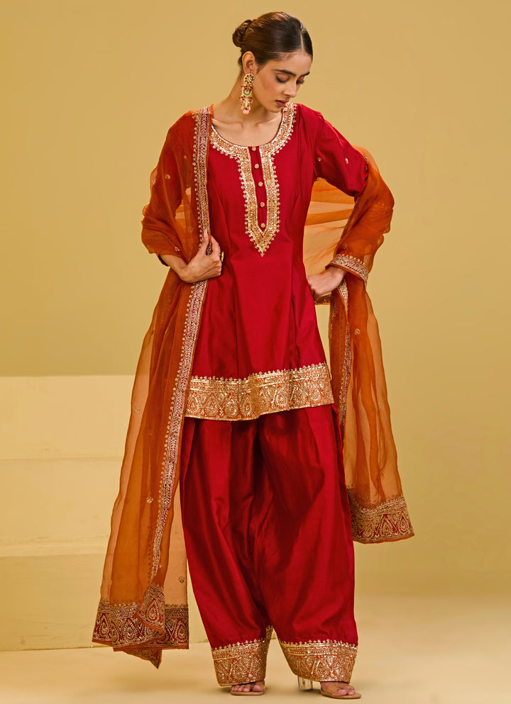 Red Chanderi Kurta Farshi Salwar Set