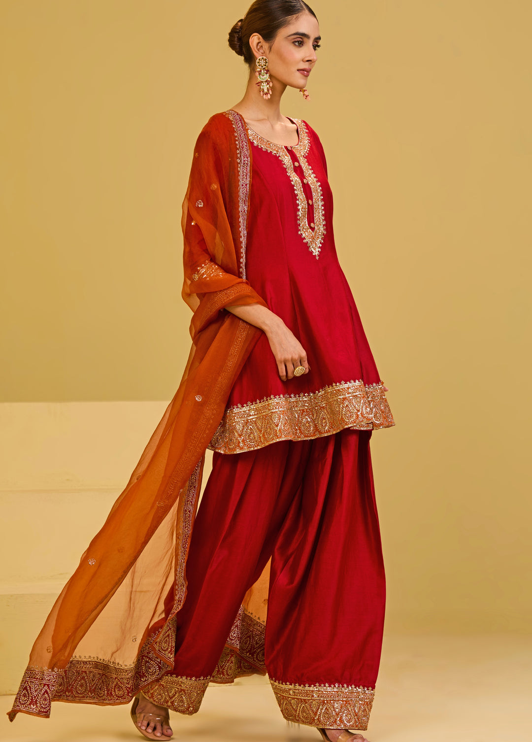 Red Chanderi Kurta Farshi Salwar Set