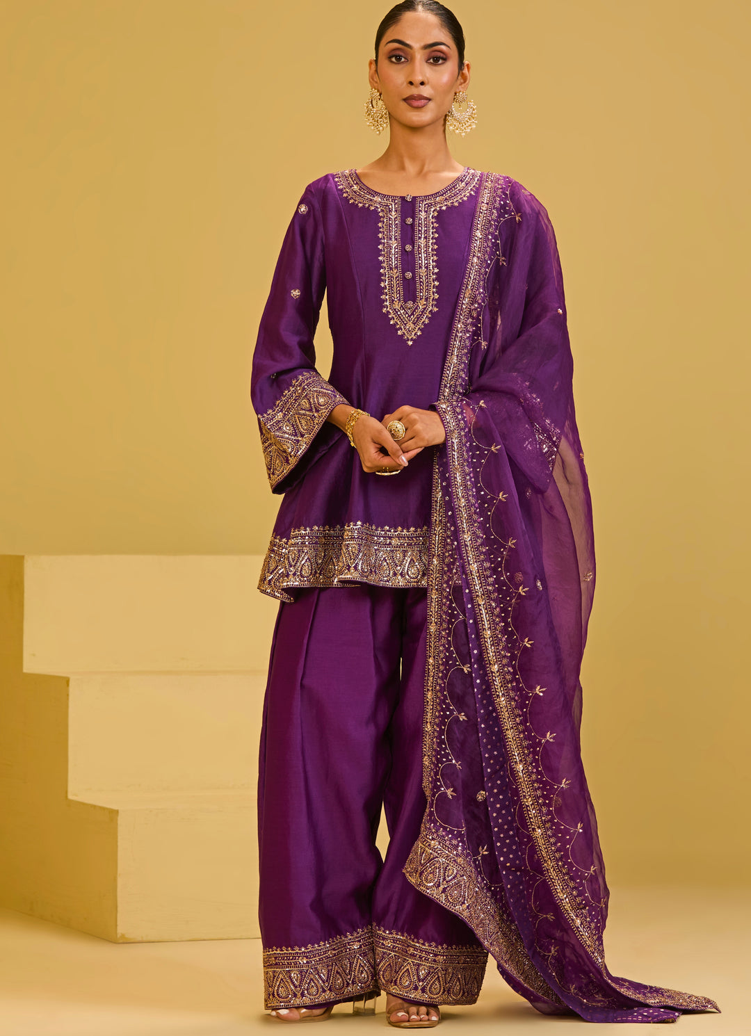Purple Chanderi Kurta Farshi Salwar Set
