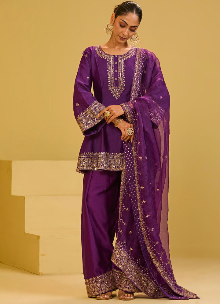 Purple Chanderi Kurta Farshi Salwar Set