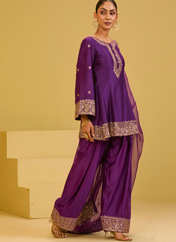 Purple Chanderi Kurta Farshi Salwar Set