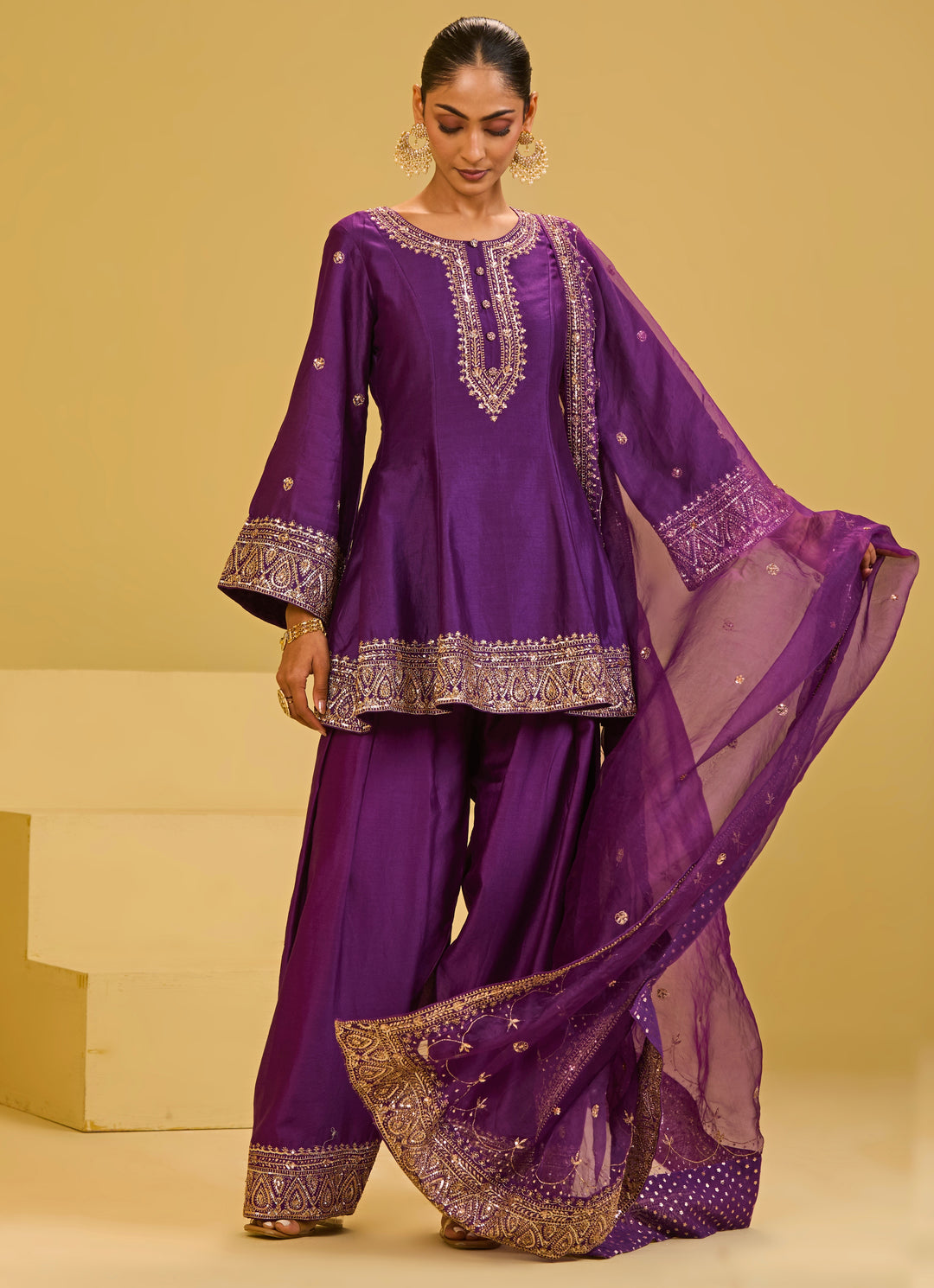 Purple Chanderi Kurta Farshi Salwar Set