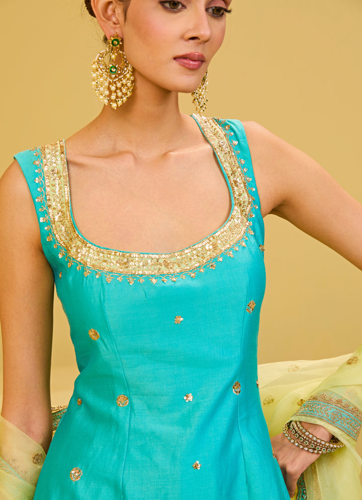 Sea Blue Chanderi Kurta Farshi Salwar Set