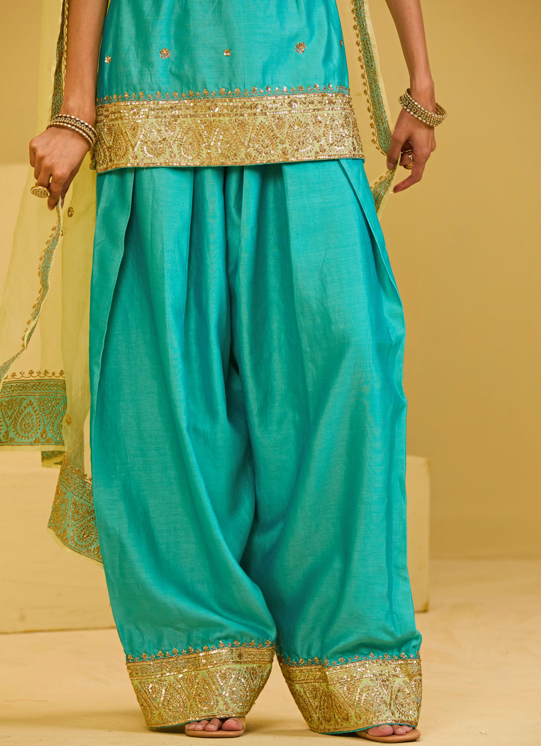 Sea Blue Chanderi Kurta Farshi Salwar Set