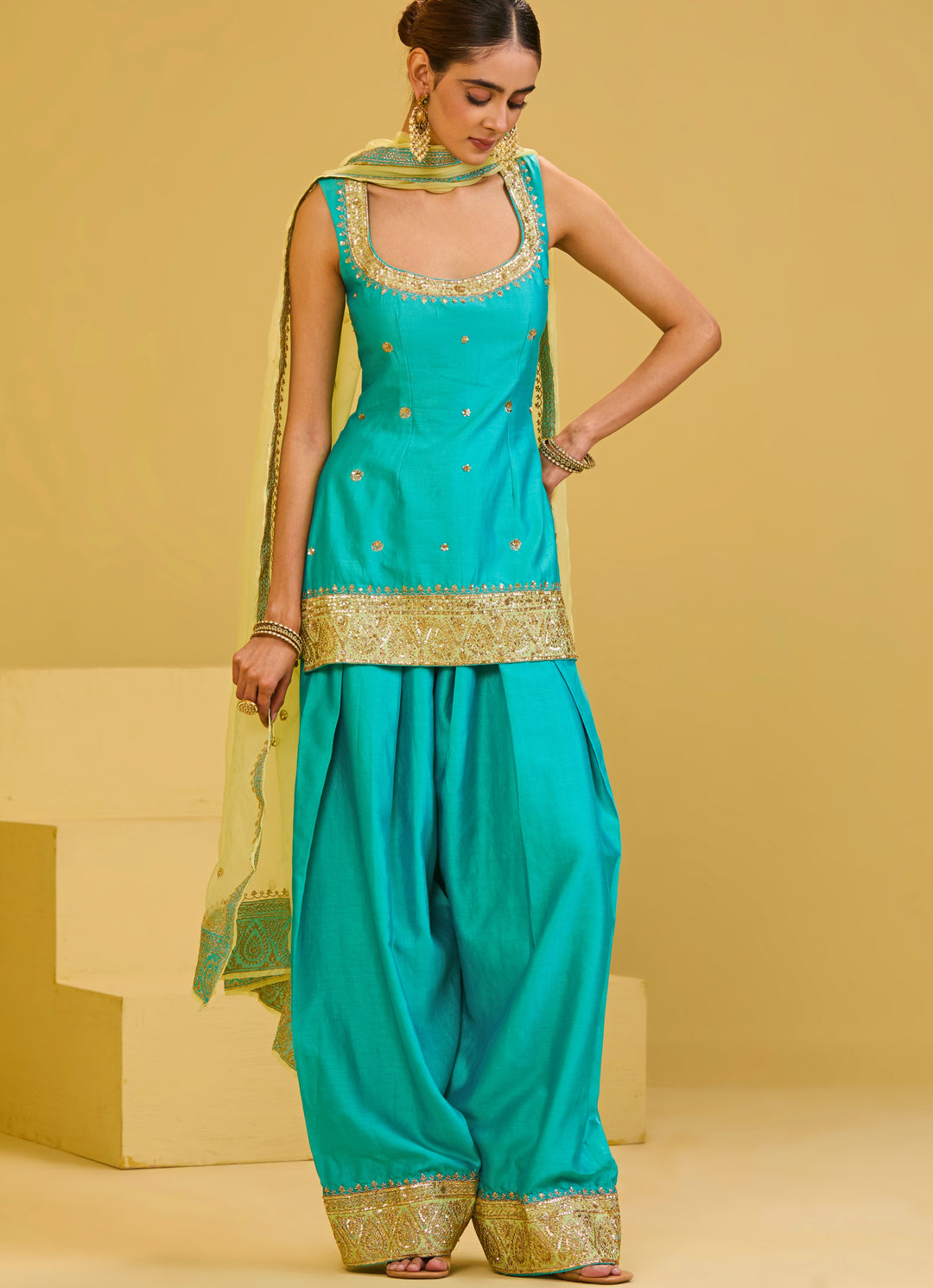 Sea Blue Chanderi Kurta Farshi Salwar Set