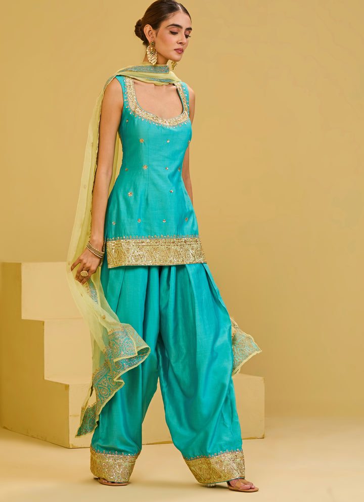 Sea Blue Chanderi Kurta Farshi Salwar Set