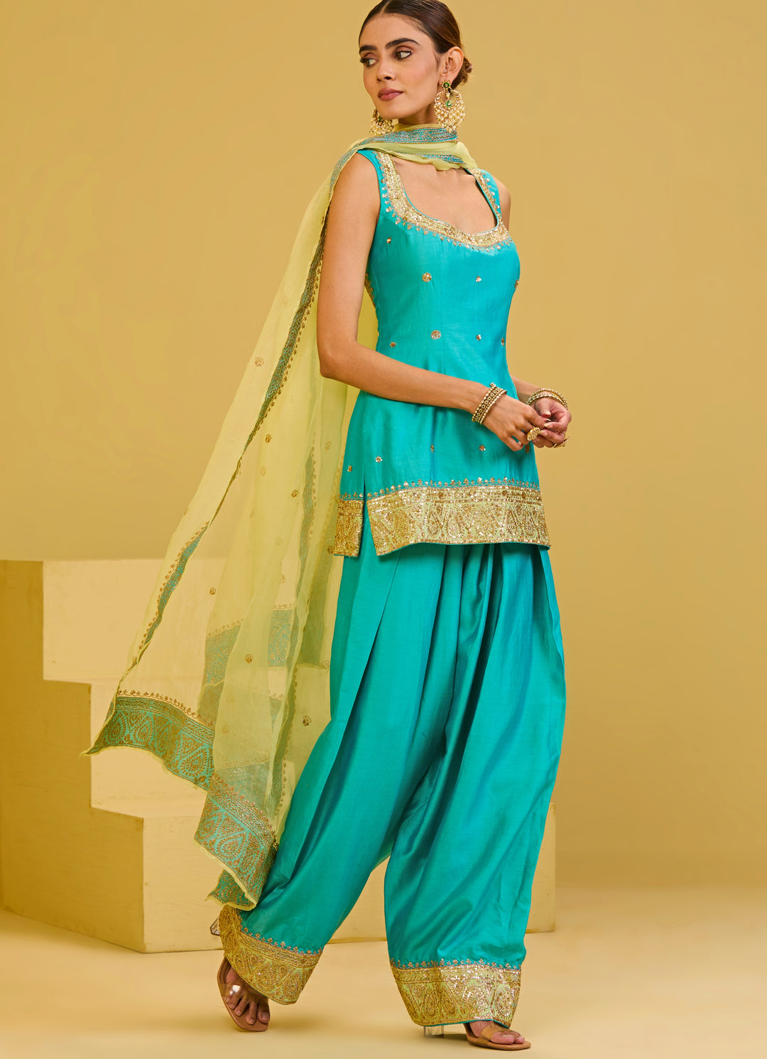 Sea Blue Chanderi Kurta Farshi Salwar Set