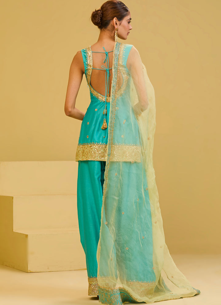 Sea Blue Chanderi Kurta Farshi Salwar Set