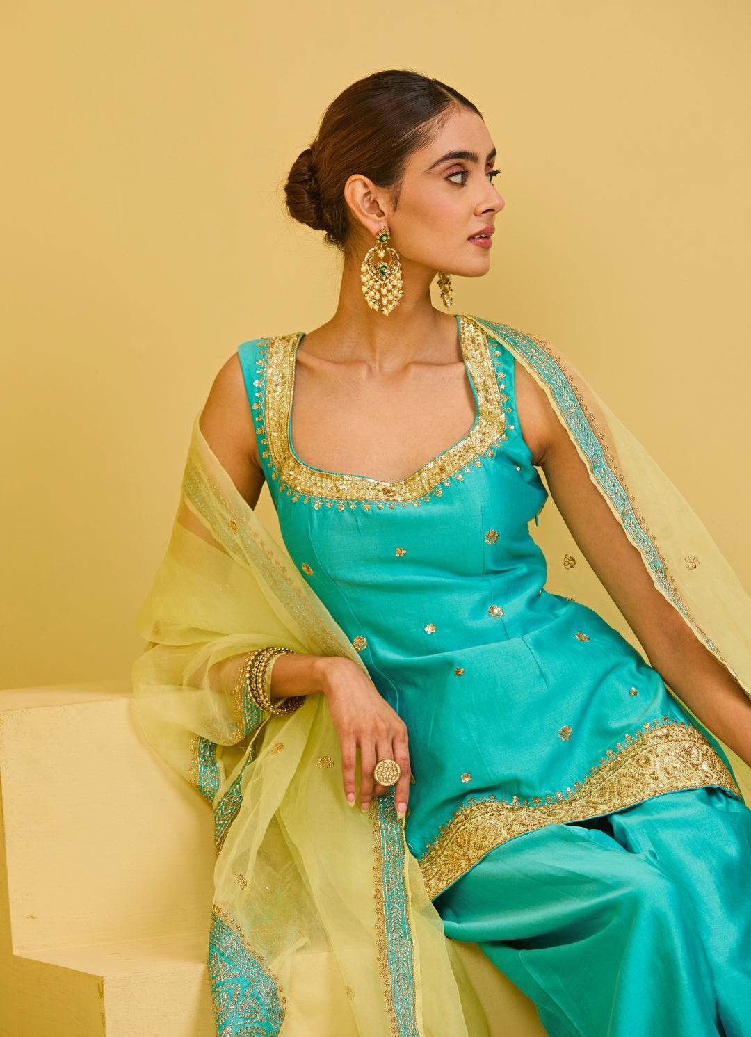 Sea Blue Chanderi Kurta Farshi Salwar Set