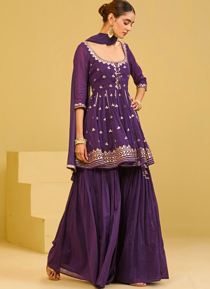 Purple Cotton Kurta Sharara Set