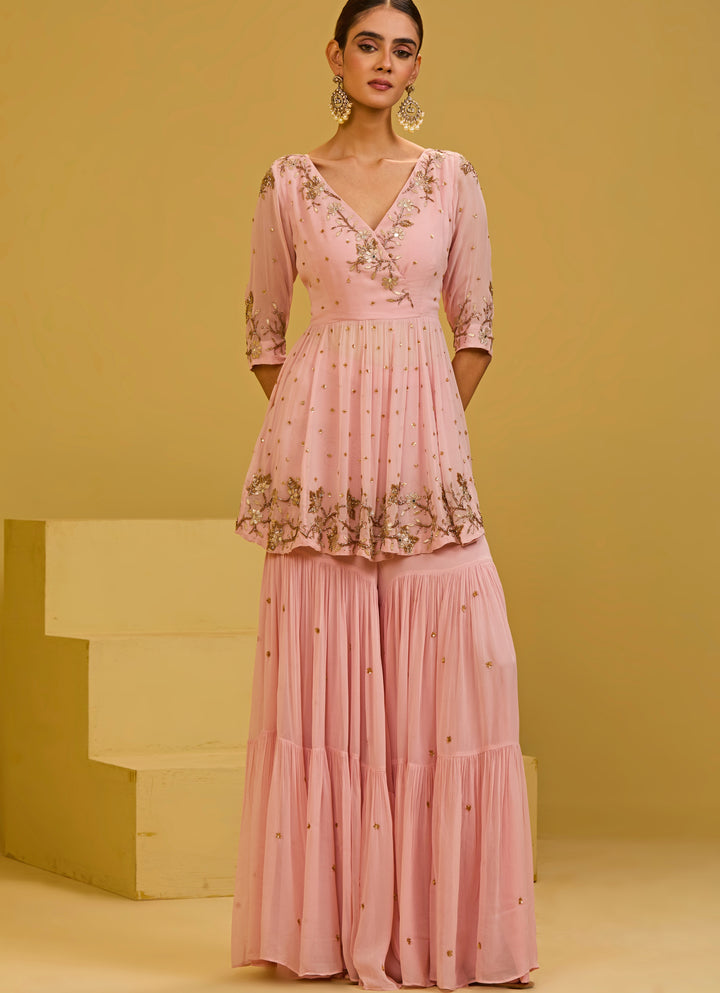 Pastel Pink Georgette Kurta Sharara Set