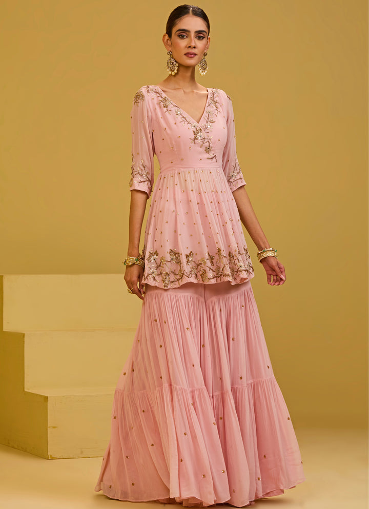 Pastel Pink Georgette Kurta Sharara Set