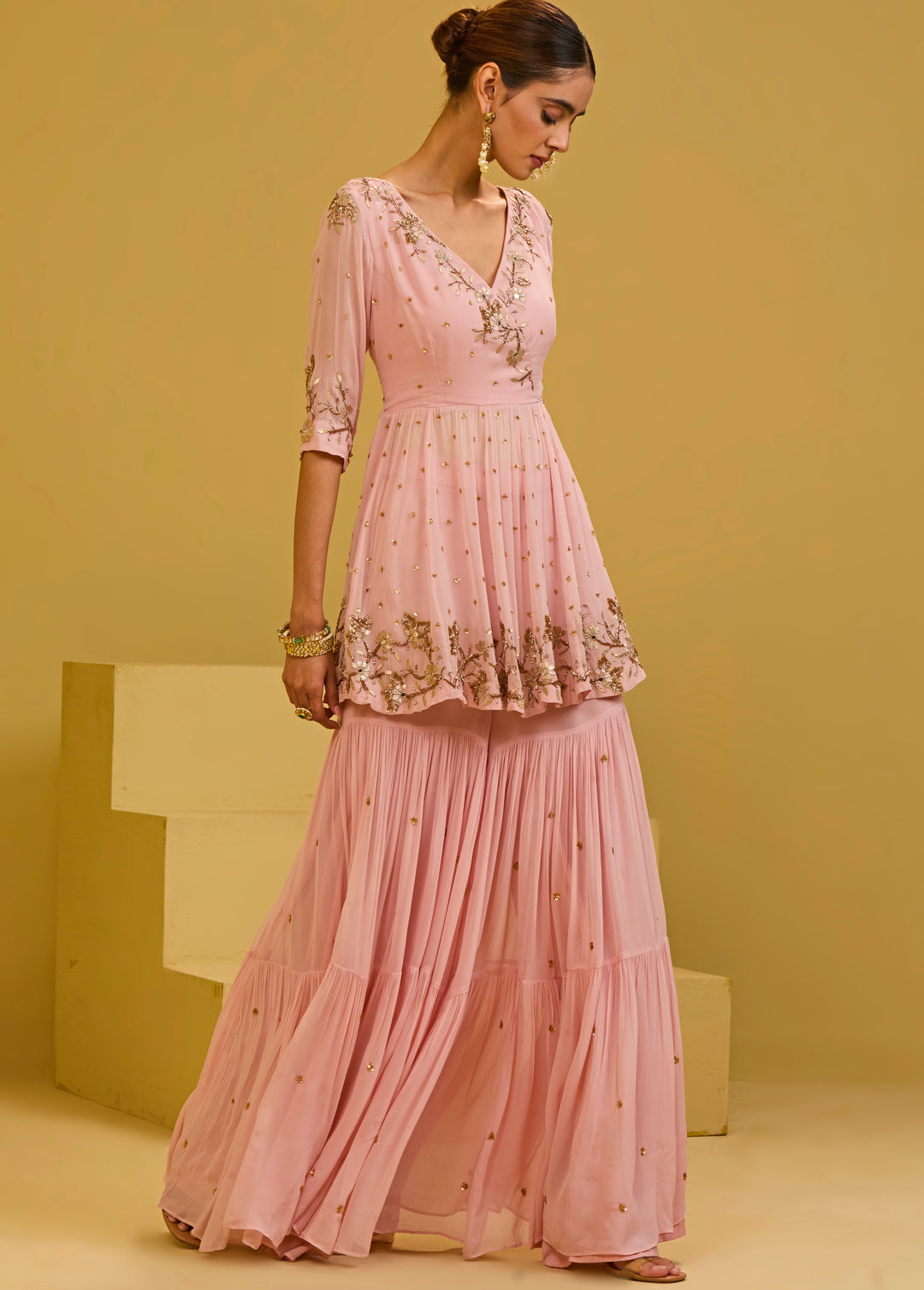 Pastel Pink Georgette Kurta Sharara Set