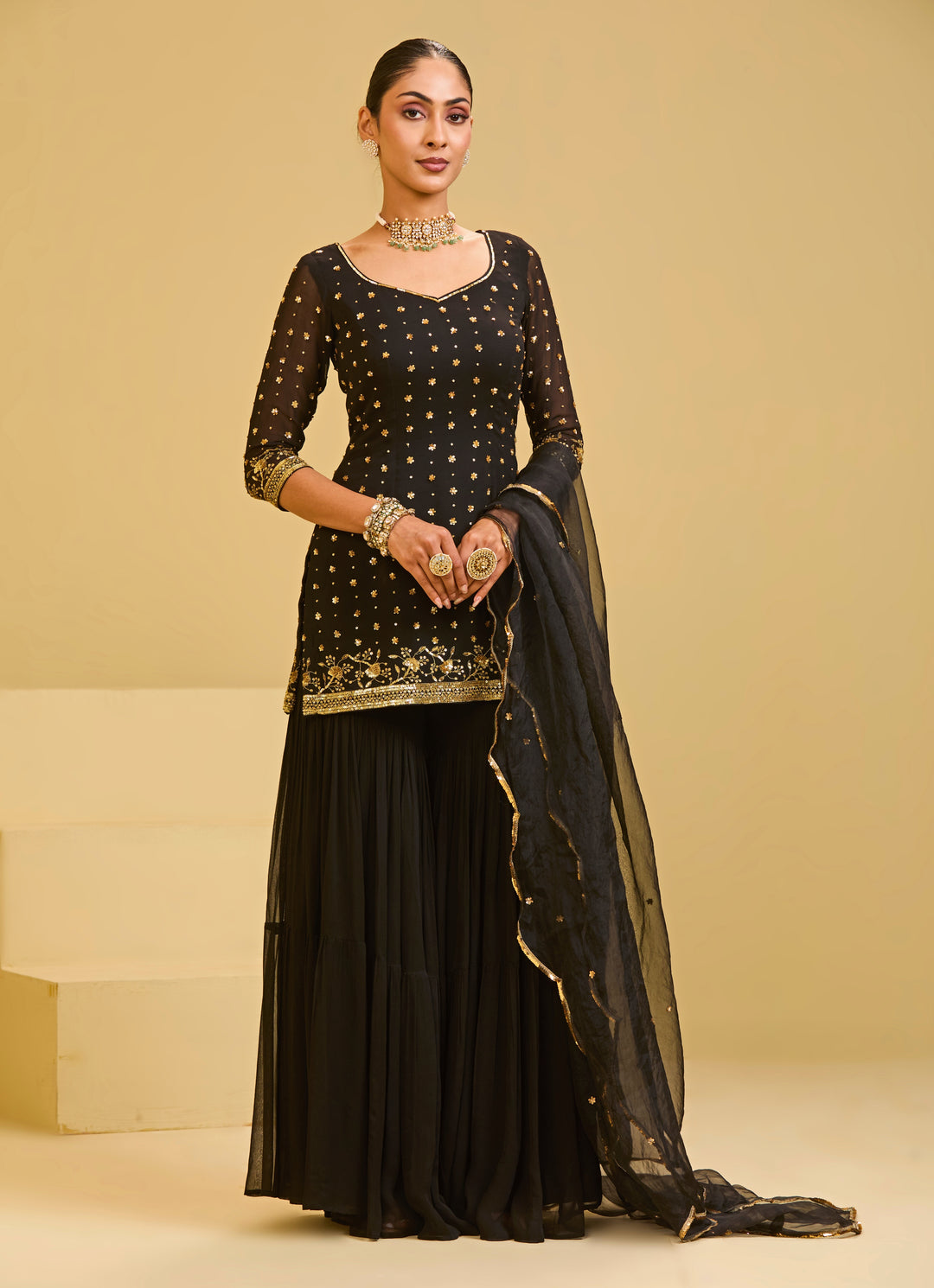 Black Georgette Kurta Sharara Set